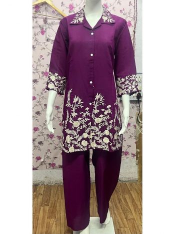 LATEST HEAVY  VATICAN SILK EMBROIDERY WORK TOP BOTTOM SET PURPLE