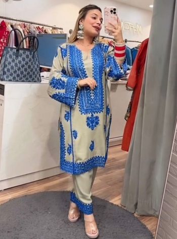 LATEST JAM COTTON EMBROIDERY SEQUENCES WORK KURTI PALAZZO BLUE