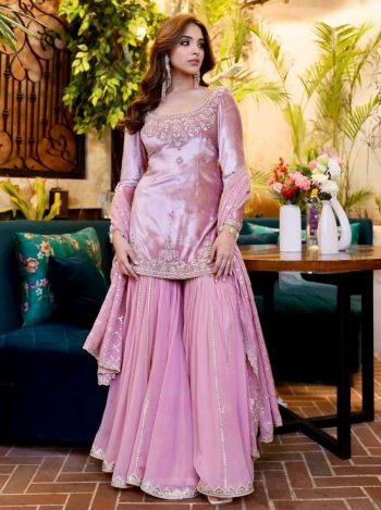 LATEST JIMMY CHOO ORGANZA EMBROIDERY SEQUENCE WORK TOP SHARARA WITH DUPATTA BABY PINK