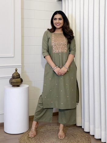 LATEST KHADI COTTON SEQUENCE EMBROIDERY WORK TOP BOTTOM SET MINT
