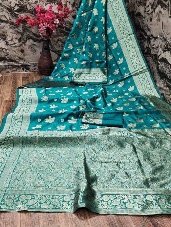 LATEST LICHI SILK BANARASI SAREE WITH UNSTITCHED BLOUSE RAMA