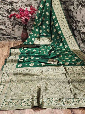 LATEST LICHI SILK BANARASI SAREE WITH UNSTITCHED BLOUSE GREEN