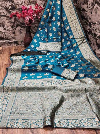 LATEST LICHI SILK BANARASI SAREE WITH UNSTITCHED BLOUSE TEAL
