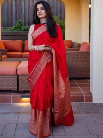 LATEST LICHI SILK JACQUARD WORK SAREE WITH UNSTITCHED BLOUSE RED