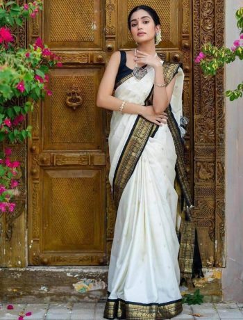 LATEST LICHI SILK ORGANIC BANARASI SAREE WITH UNSTITCHED BLOUSE WHITE