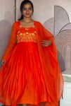 LATEST MUL MUL COTTON  HAND WORK ANARKALI WITH DUPATTA ORANGE