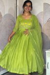 LATEST MUL MUL COTTON  HAND WORK ANARKALI WITH DUPATTA PARROT GREEN