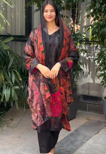 LATEST MUSLIN COTTON DIGITAL PRINT WITH EMBROIDERY SEQUENCE WORK TOP BOTTOM WITH DUPATTA BLACK