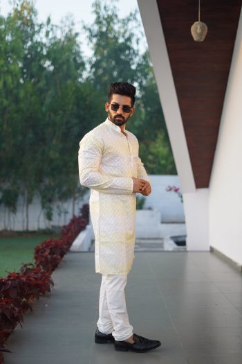 LATEST PC COTTON EMBROIDERY WORK & SHADING PRINT KURTA PAYJAMA YELLOW