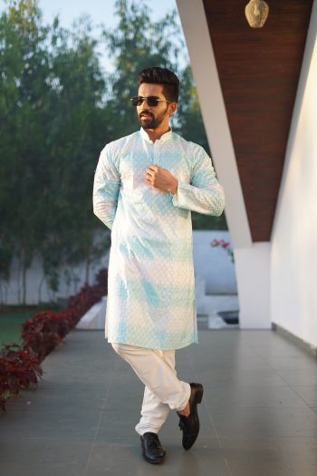 LATEST PC COTTON EMBROIDERY WORK & SHADING PRINT KURTA PAYJAMA SKY