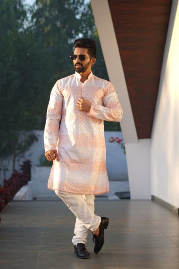 LATEST PC COTTON EMBROIDERY WORK & SHADING PRINT KURTA PAYJAMA PEACH