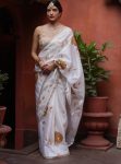 LATEST RANGOLI SILK SEQUENCE EMBROIDERY WORK AND GOLDEN ZARI THREAD WORK SAREE WITH UNSTITCHED BLOUSE WHITE