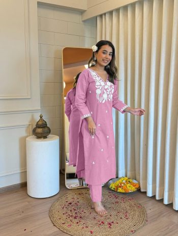 LATEST RAYON COTTON EMBRODERY WORK KURTI WITH BOTTOM LAVENDER