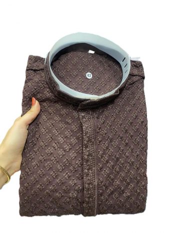 LATEST RAYON EMBROIDERY WORK MEN'S KURTA PAYJAMA BROWN