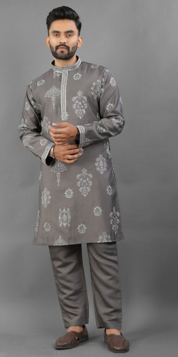 LATEST RUSSIAN SILK EMBROIDERY WORK KURTA PAYJAMA GREY