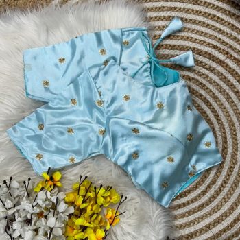 LATEST SATIN SILK ZARI AND SEQUENCE BUTTI WORK STITCHED BLOUSE SKY
