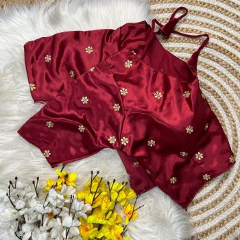 LATEST SATIN SILK ZARI AND SEQUENCE BUTTI WORK STITCHED BLOUSE BROWN