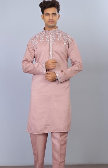 LATEST SILK EMBROIDERY THREAD WORK MEN'S KURTA PAYJAMA PEACH