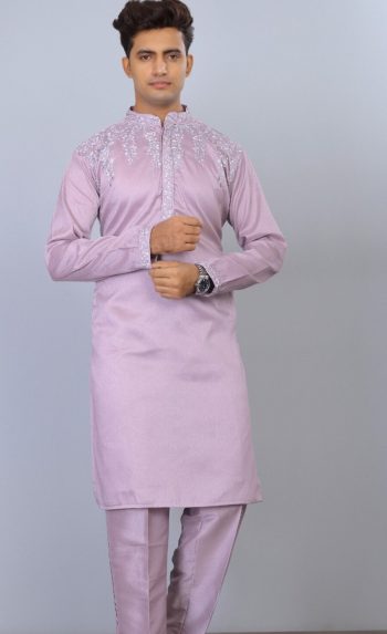 LATEST SILK EMBROIDERY THREAD WORK MEN'S KURTA PAYJAMA LAVENDER