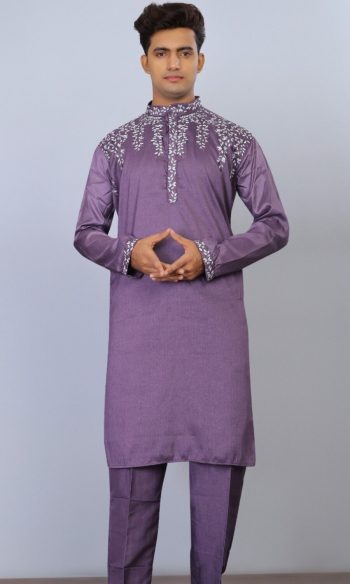 LATEST SILK EMBROIDERY THREAD WORK MEN'S KURTA PAYJAMA PURPLE