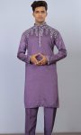 LATEST SILK EMBROIDERY THREAD WORK MEN'S KURTA PAYJAMA PURPLE