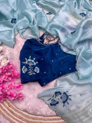 LATEST  SOFT JIMMY CHOO SATIN MOTI AND RESHAM THREAD WITH CUTDANA BORDER WORK SAREE WITH STITCHED BLOUSE BLUE