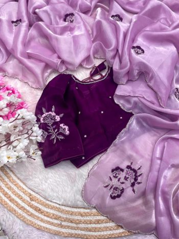 LATEST  SOFT JIMMY CHOO SATIN MOTI AND RESHAM THREAD WITH CUTDANA BORDER WORK SAREE WITH STITCHED BLOUSE LAVENDER