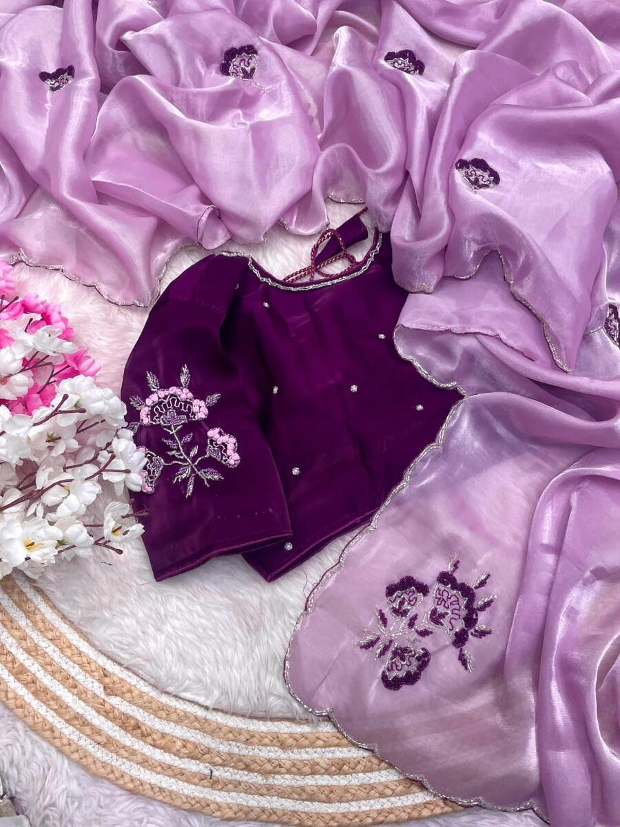 LATEST SOFT JIMMY CHOO SATIN MOTI AND RESHAM THREAD WITH CUTDANA BORDER WORK SAREE WITH STITCHED BLOUSE PARTY WEAR WHOLESALE PRICE ETHNIC GARMENT ( (27)