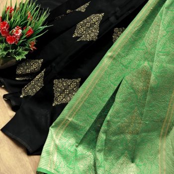 LATEST SOFT LICHI SILK CLOTH  JACQUARD WORK  SAREE WITH UNSTITCHED BLOUSE BLACK