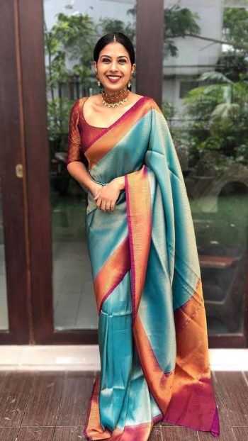 LATEST SOFT LICHI SILK JACQUARD WORK SAREE WITH UNSTITCHED BLOUSE RAMA