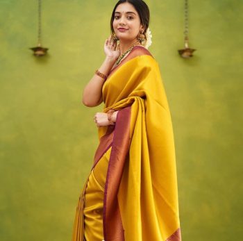 LATEST SOFT LICHI SILK JACQUARD WORK SAREE WITH UNSTITCHED BLOUSE  YELLOW