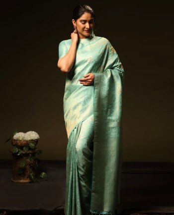 LATEST SOFT LICHI SILK JACQUARD WORK SAREE WITH UNSTITCHED BLOUSE SKY