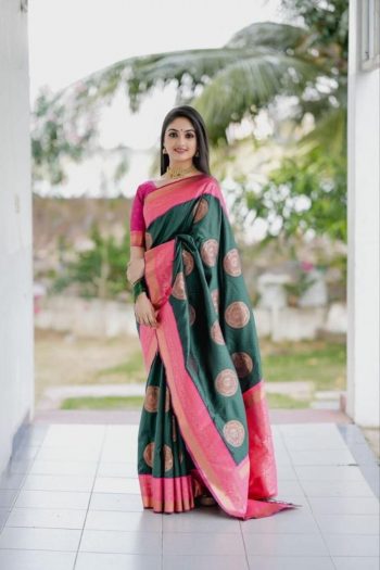 LATEST SOFT LICHI SILK JACQUARD WORK SAREE WITH UNSTITCHED BLOUSE GREEN