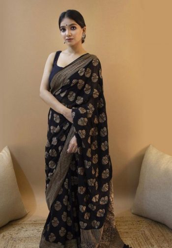 LATEST SOFT LICHI SILK JACQUARD WORK  SAREE WITH UNSTITCHED BLOUSE BLACK