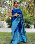 LATEST SOFT LICHI SILK  JACQUARD WORK SAREE WITH UNSTITCHED BLOUSE BLUE