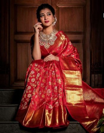 LATEST SOFT LICHI SILK JACQUARD WORK SAREE WITH UNSTITCHED BLOUSE RED
