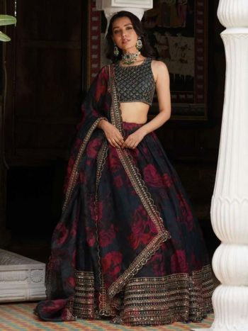 LATEST TABBY ORGANZA THREAD WITH SEQUENCE AND WITH DIGITAL PRINT WORK LEHENGA CHOLI WITH DUPATTA BLACK