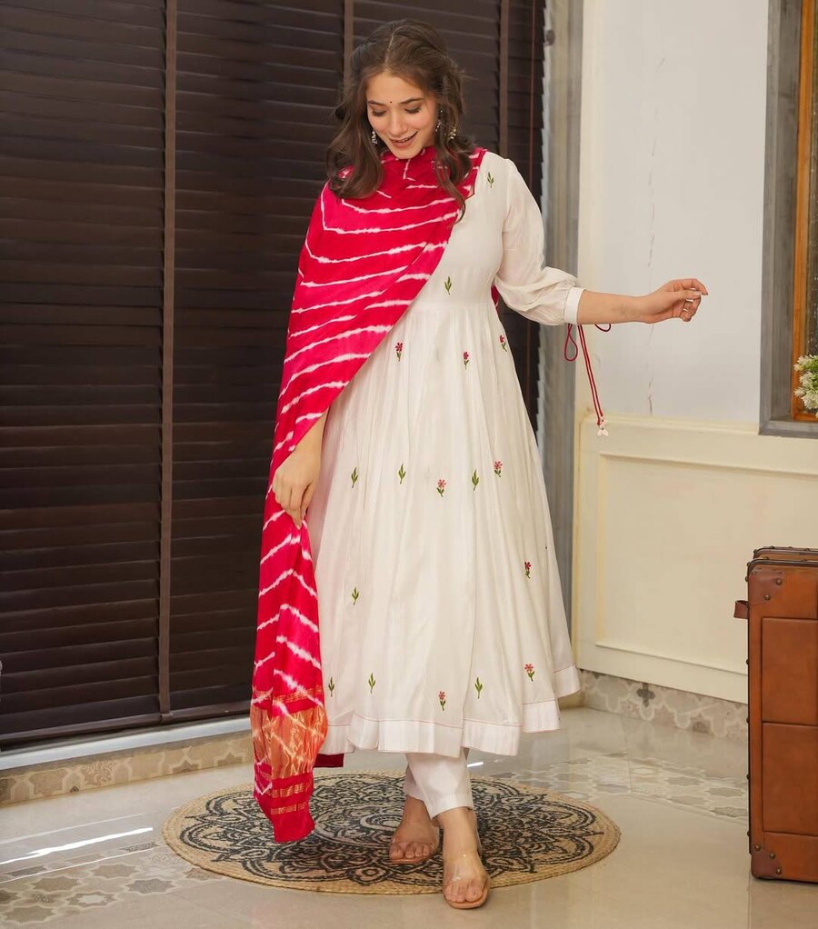 LATEST VISCOSE CHANDERI EMBROIDERY WORK ANARKALI TOP BOTTOM WITH DUPATTA FESTIVAL WEAR WHOLESALE PRICE ETHNIC GARMENT (12)