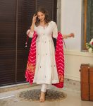 LATEST VISCOSE CHANDERI EMBROIDERY WORK ANARKALI TOP BOTTOM WITH DUPATTA WHITE