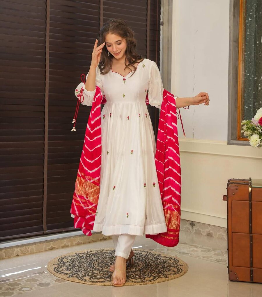 LATEST VISCOSE CHANDERI EMBROIDERY WORK ANARKALI TOP BOTTOM WITH DUPATTA FESTIVAL WEAR WHOLESALE PRICE ETHNIC GARMENT (13)