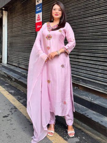 LATEST VISCOSE CHANDERI EMBROIDERY WORK TOP BOTTOM WITH DUPATTA PINK