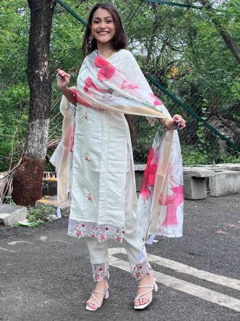 LATEST  VISCOSE CHANDERI SEQUENCE EMBROIDERY WORK TOP BOTTOM WITH DUPATTA OFF WHITE