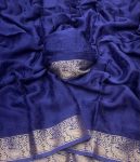LATEST VISCOSE CHINON WEAVING PATTERN WORK SAREE WITH UNSTITCHED BLOUSE NAVY BLUE