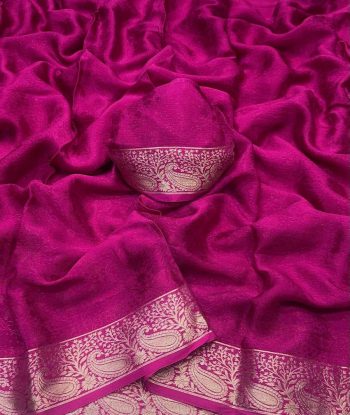LATEST VISCOSE CHINON WEAVING PATTERN WORK SAREE WITH UNSTITCHED BLOUSE PINK