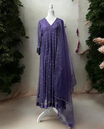 LATEST VISCOSE GEORGETTE SATIN PATTA AND SEQUENCE WORK GOWN WITH DUPATTA PURPLE