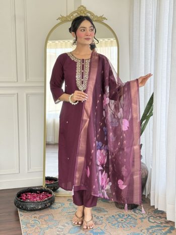 LATEST VISCOSE RAYON EMBROIDERY WORK TOP BOTTOM WITH DUPATTA WINE