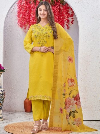 LATEST VISCOSE SEQUENCE CODING EMBROIDERY & AARI HANDWORK TOP BOTTOM WITH DUPATTA YELLOW