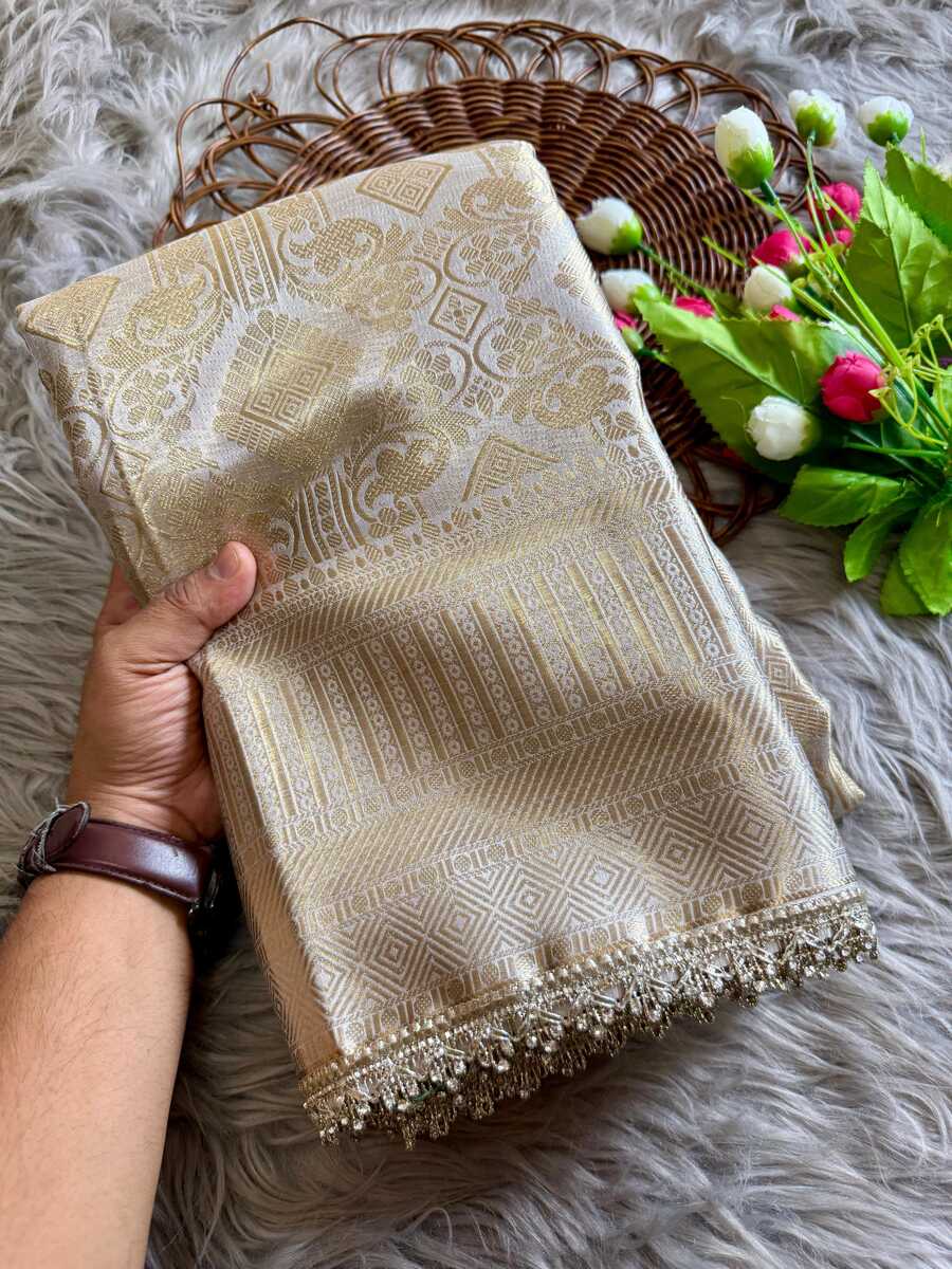 LUXURIOUS BANARASI SILK ZARI, WITH JARKAN DETAILS DIAMOND BORDER WORK SAREE WITH UNSTITCHED BLOUSE WEDDING WEAR WHOLESALE PRICE ETHNIC GARMENT (2)