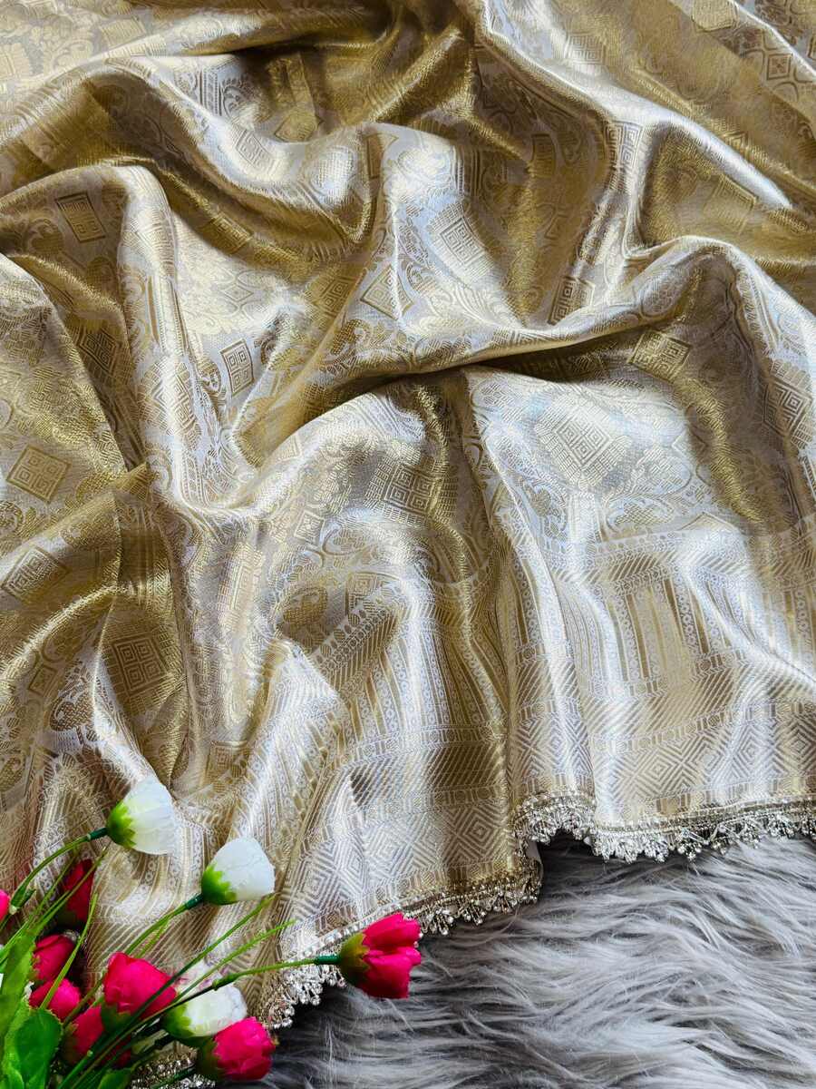 LUXURIOUS BANARASI SILK ZARI, WITH JARKAN DETAILS DIAMOND BORDER WORK SAREE WITH UNSTITCHED BLOUSE WEDDING WEAR WHOLESALE PRICE ETHNIC GARMENT (4)