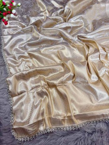 LUXURIOUS BANARASI SILK  ZARI, WITH JARKAN DETAILS DIAMOND BORDER WORK SAREE WITH UNSTITCHED BLOUSE GOLDEN